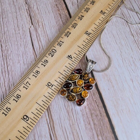 Unique Sterling Silver Pendant Necklace With Multicolor Baltic Amber Stones - Picture 3 of 9